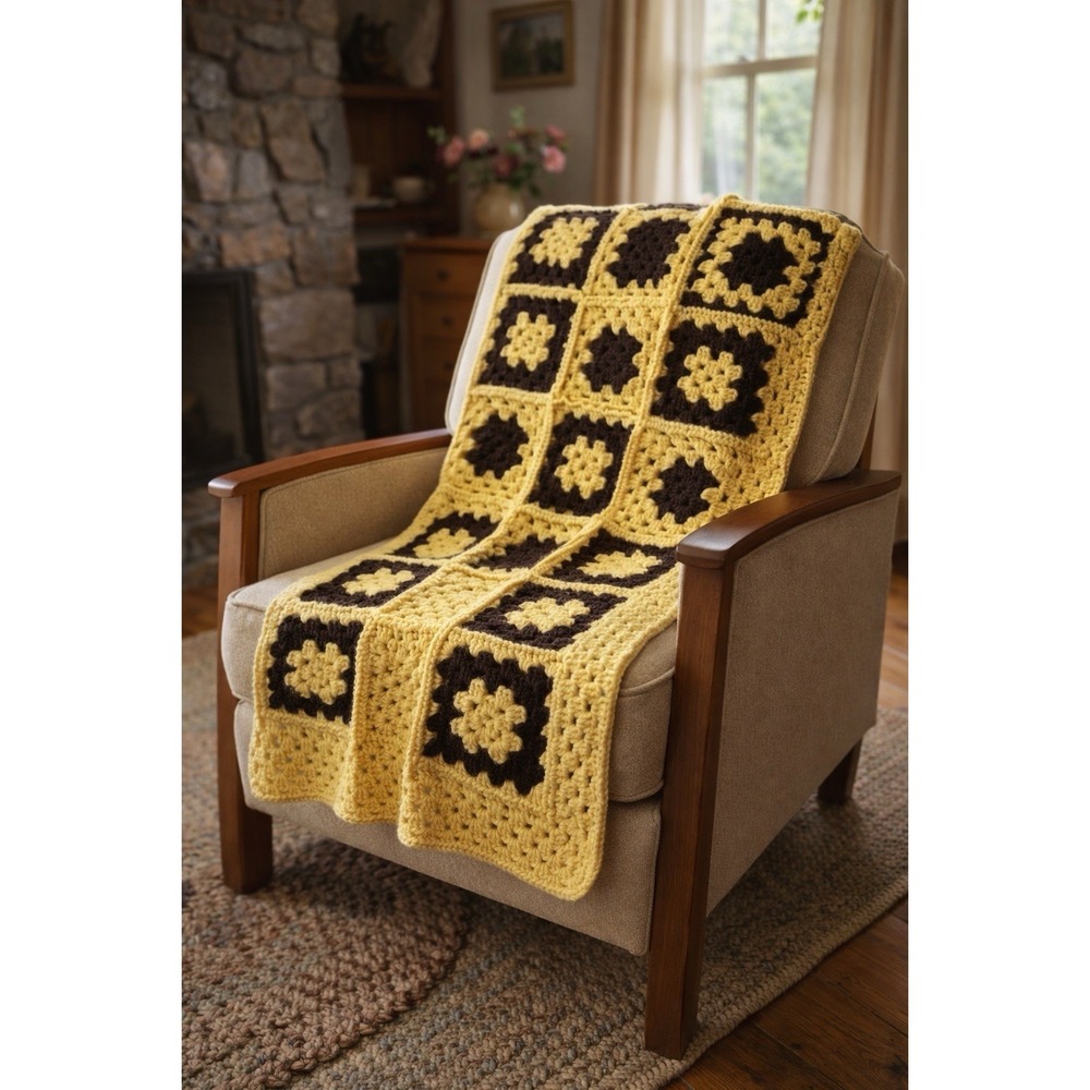 Handmade Crochet Granny Square Blanket Yellow Brown Boho Throw Vintage 60x38"